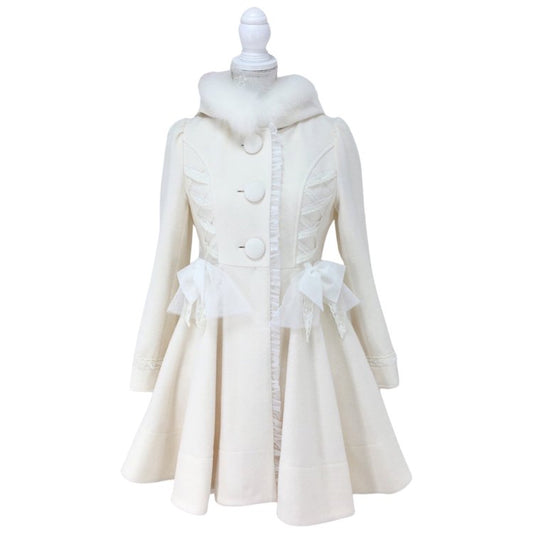 mille fille closet Side Laced Up Fur Hoodie Wool Coat (White)