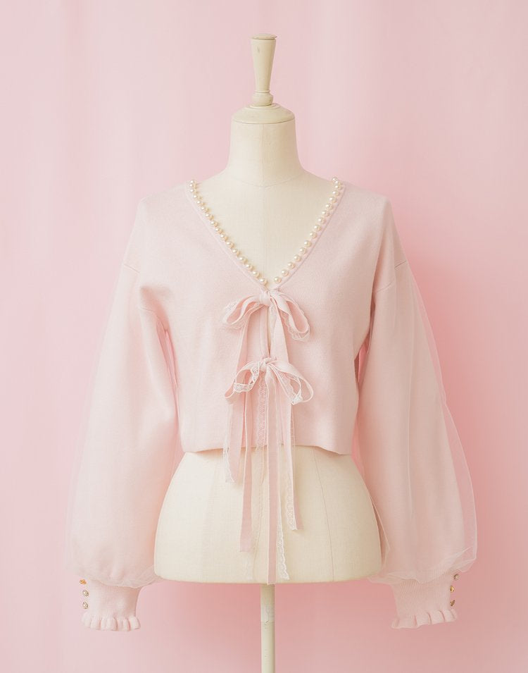 Twin ribbon pearl Cardigan