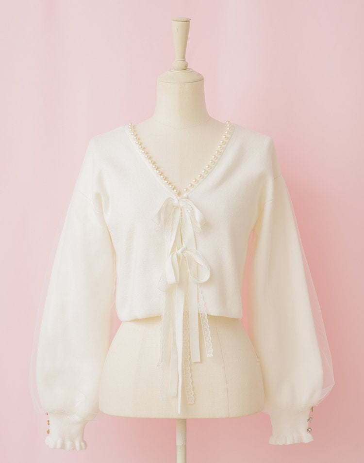 Twin ribbon pearl Cardigan