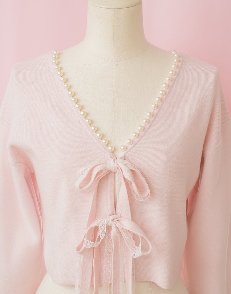 Twin ribbon pearl Cardigan
