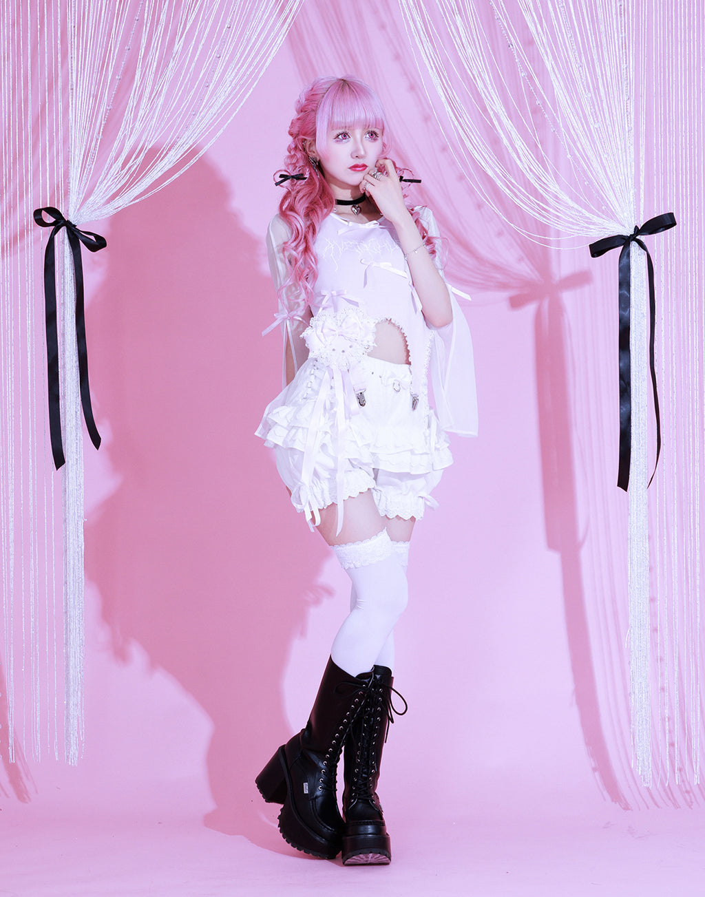 AVENCHUMU Sheer sleeve garter ribbon tops