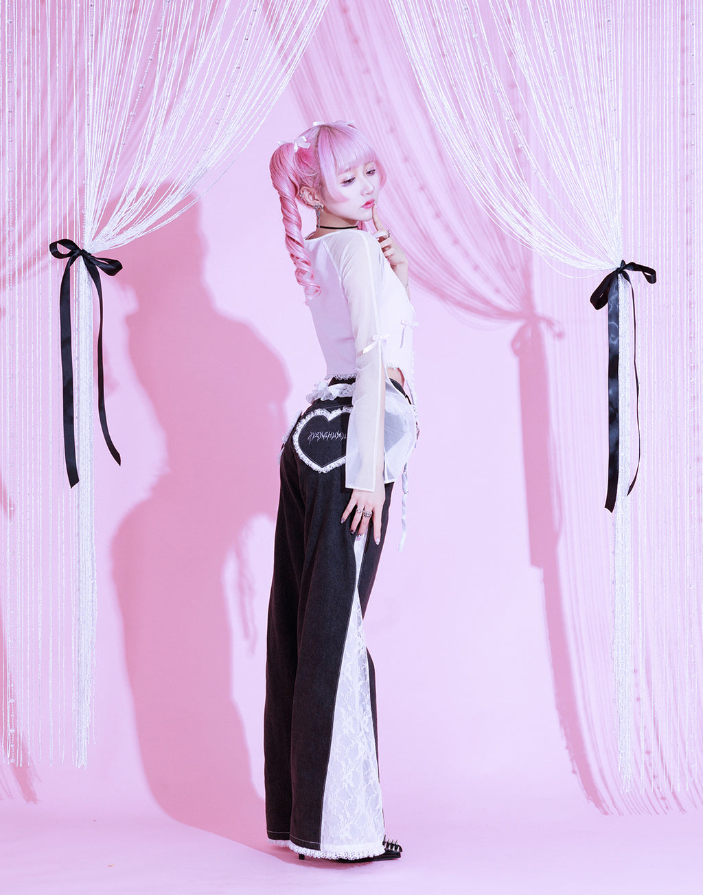 Lacy garter wide denim pants
