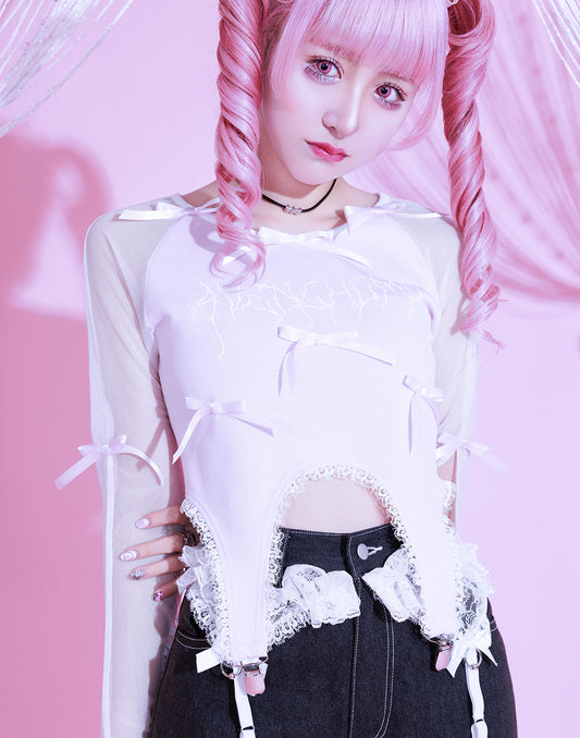 AVENCHUMU Sheer sleeve garter ribbon tops