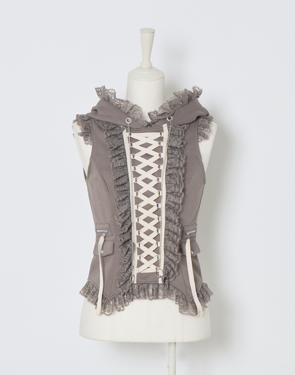 AVENCHUMU Lace-up frilled lace sleeveless hoodie