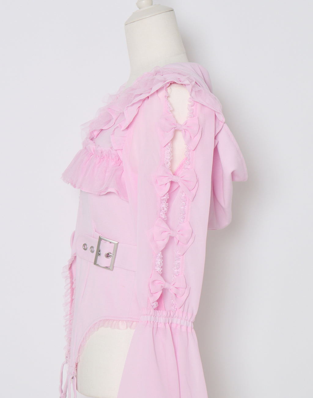 AVENCHUMU Flared sleeve ribbon and frill zip tops