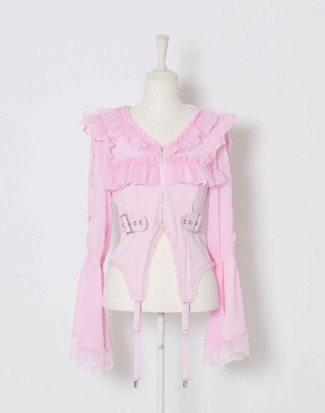AVENCHUMU Flared sleeve ribbon and frill zip tops
