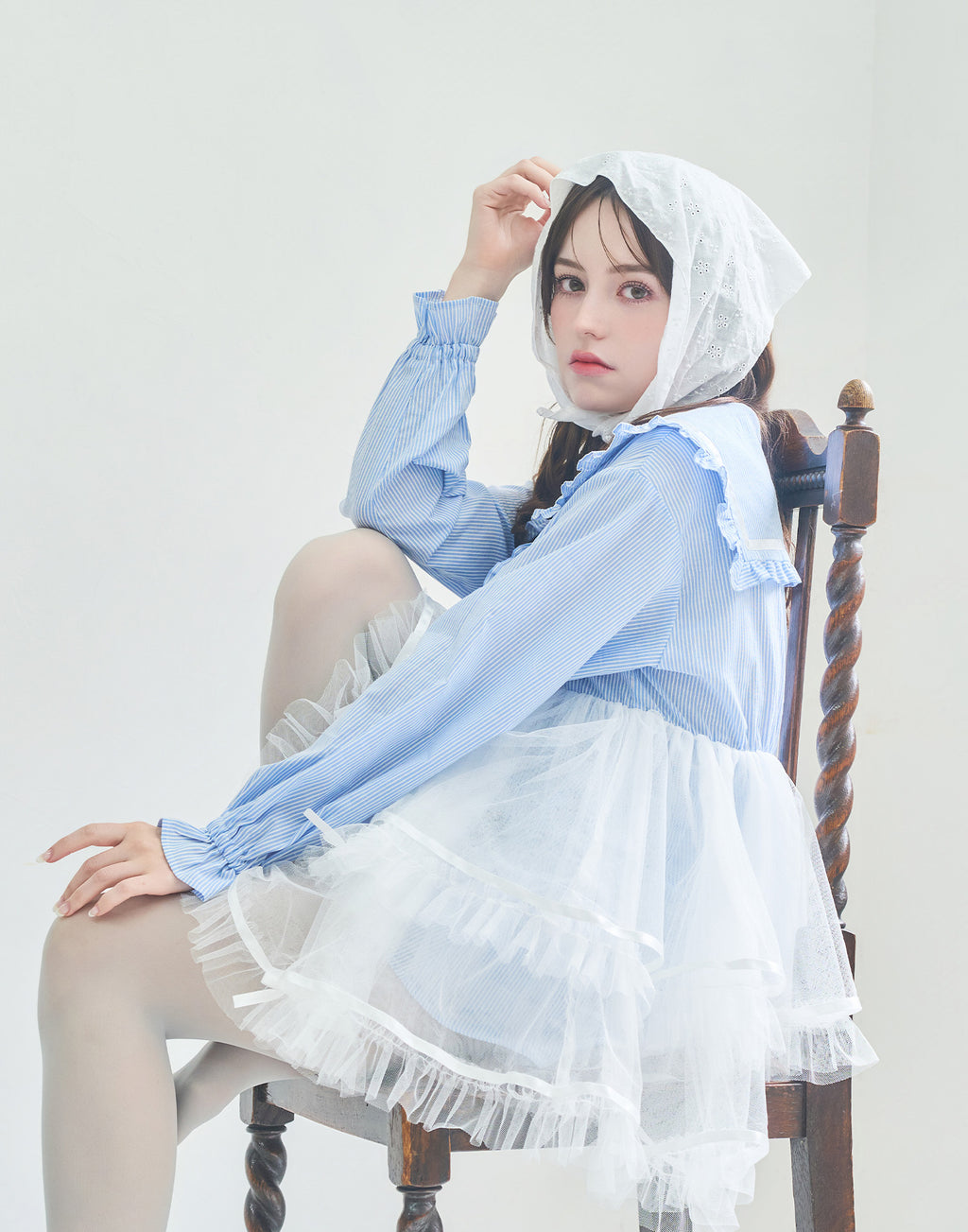 (Pre-order) Lolime Tulle & Stripe sailor tunic