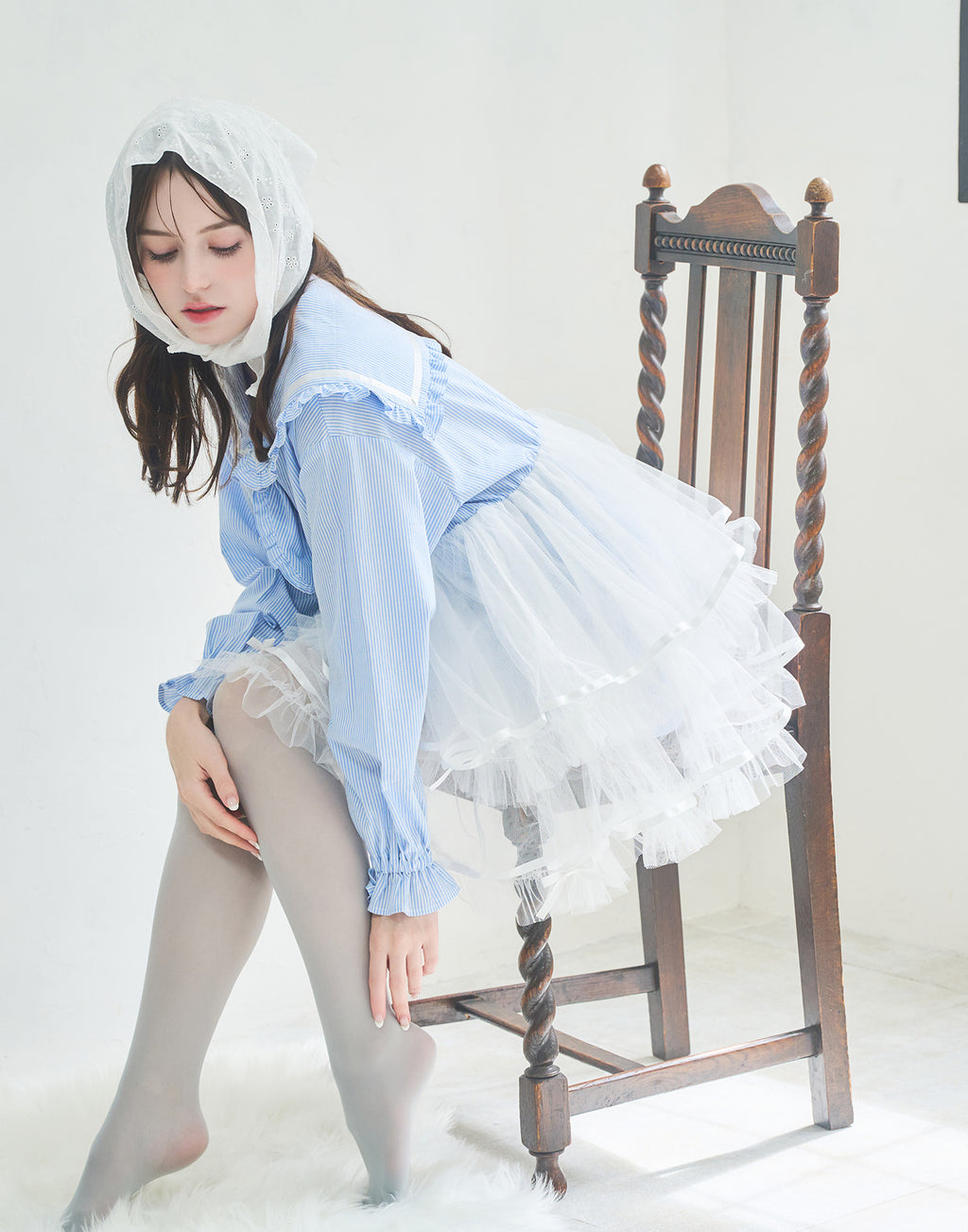 (Pre-order) Lolime Tulle & Stripe sailor tunic