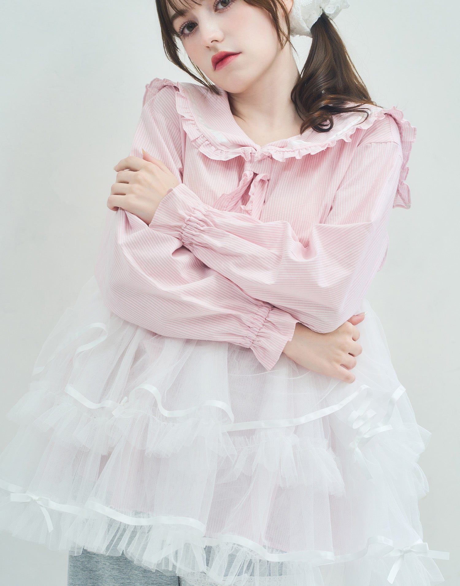 (Pre-order) Lolime Tulle & Stripe sailor tunic
