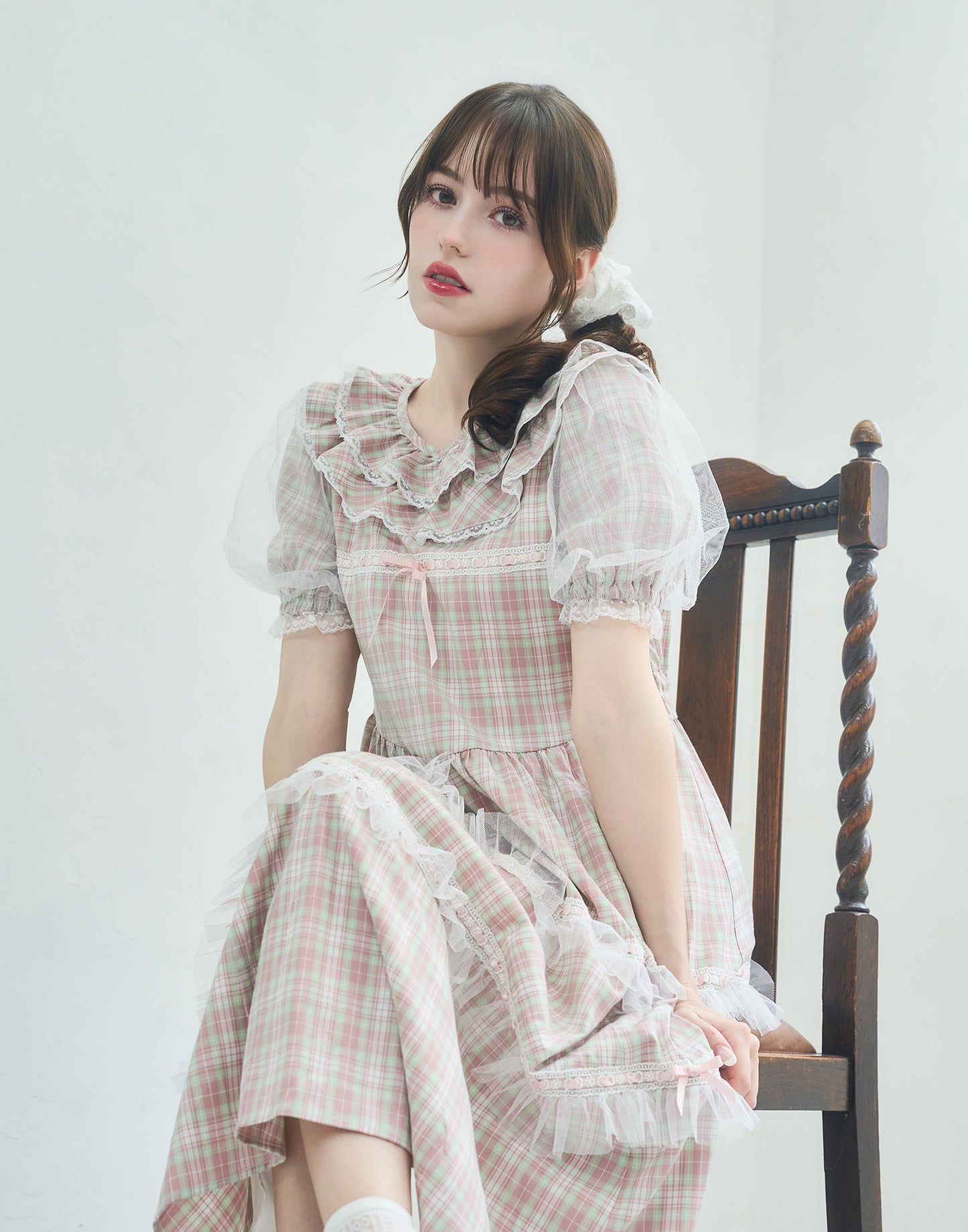 Lolime check puff sleeve dress
