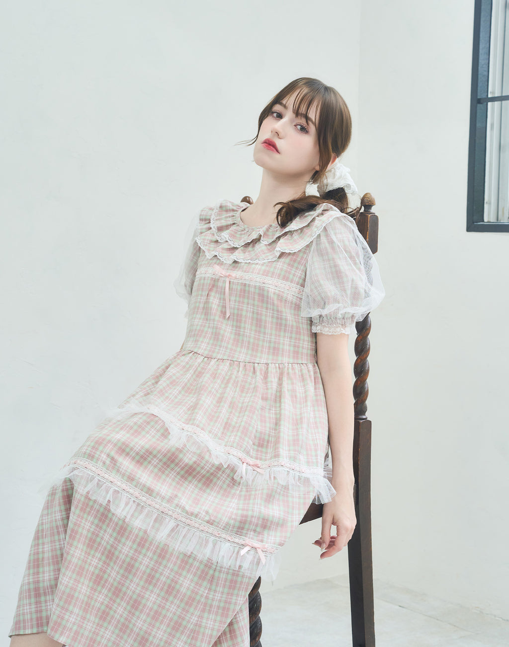 (Pre-order) Lolime check puff sleeve dress