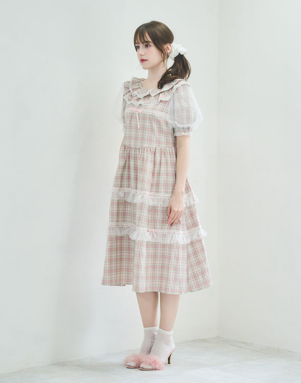 Lolime check puff sleeve dress