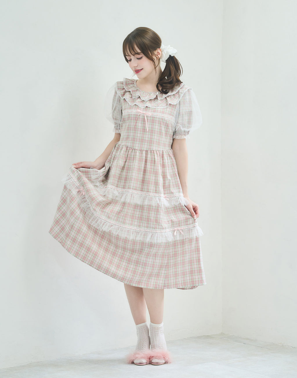 Lolime check puff sleeve dress