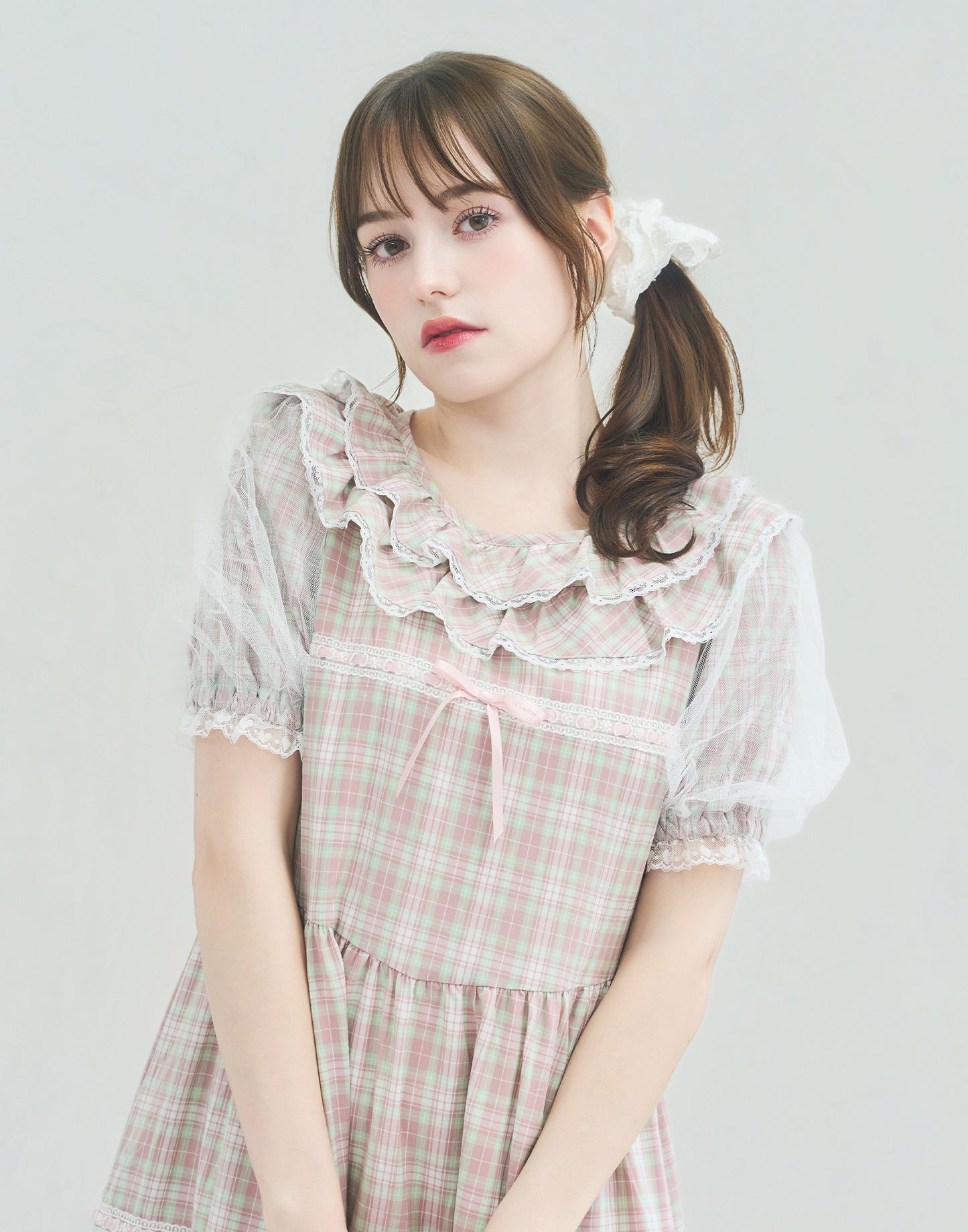 Lolime check puff sleeve dress