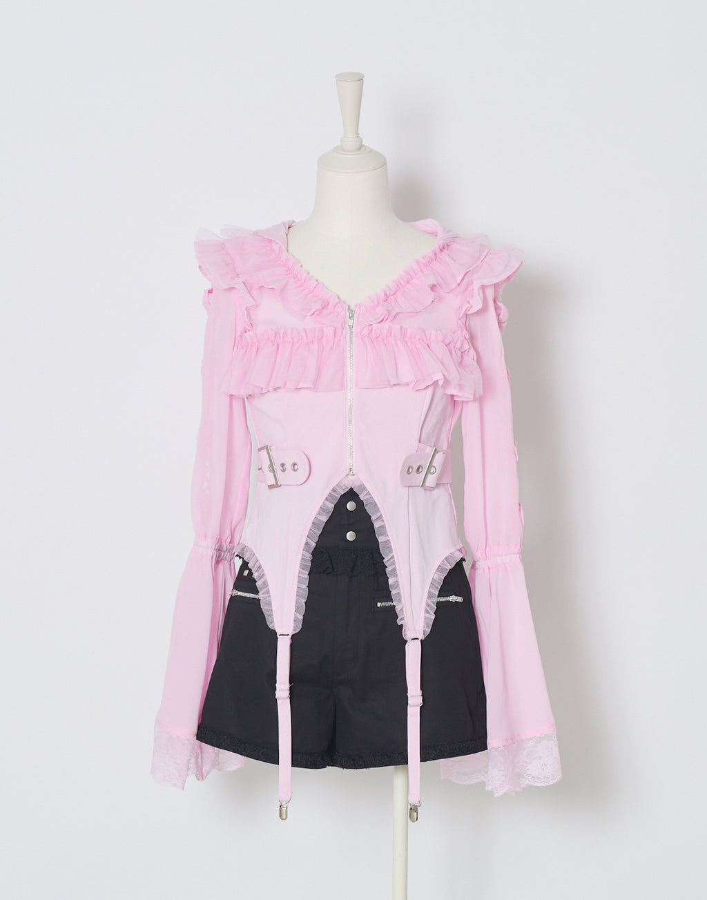 AVENCHUMU Flared sleeve ribbon and frill zip tops