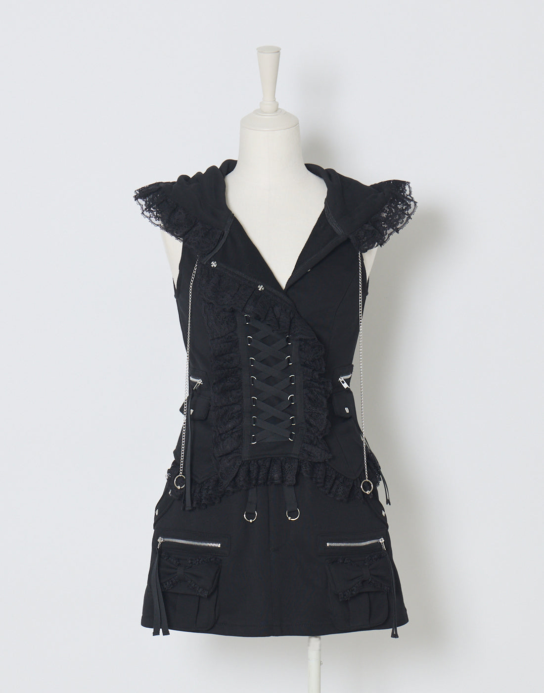 AVENCHUMU Lace-up frilled lace sleeveless hoodie