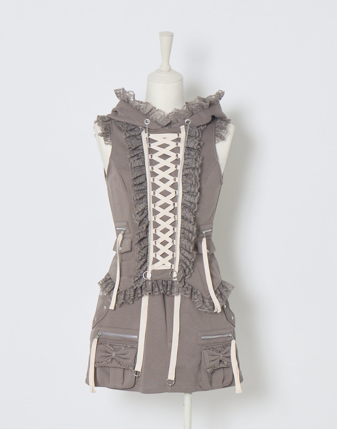 AVENCHUMU Lace-up frilled lace sleeveless hoodie