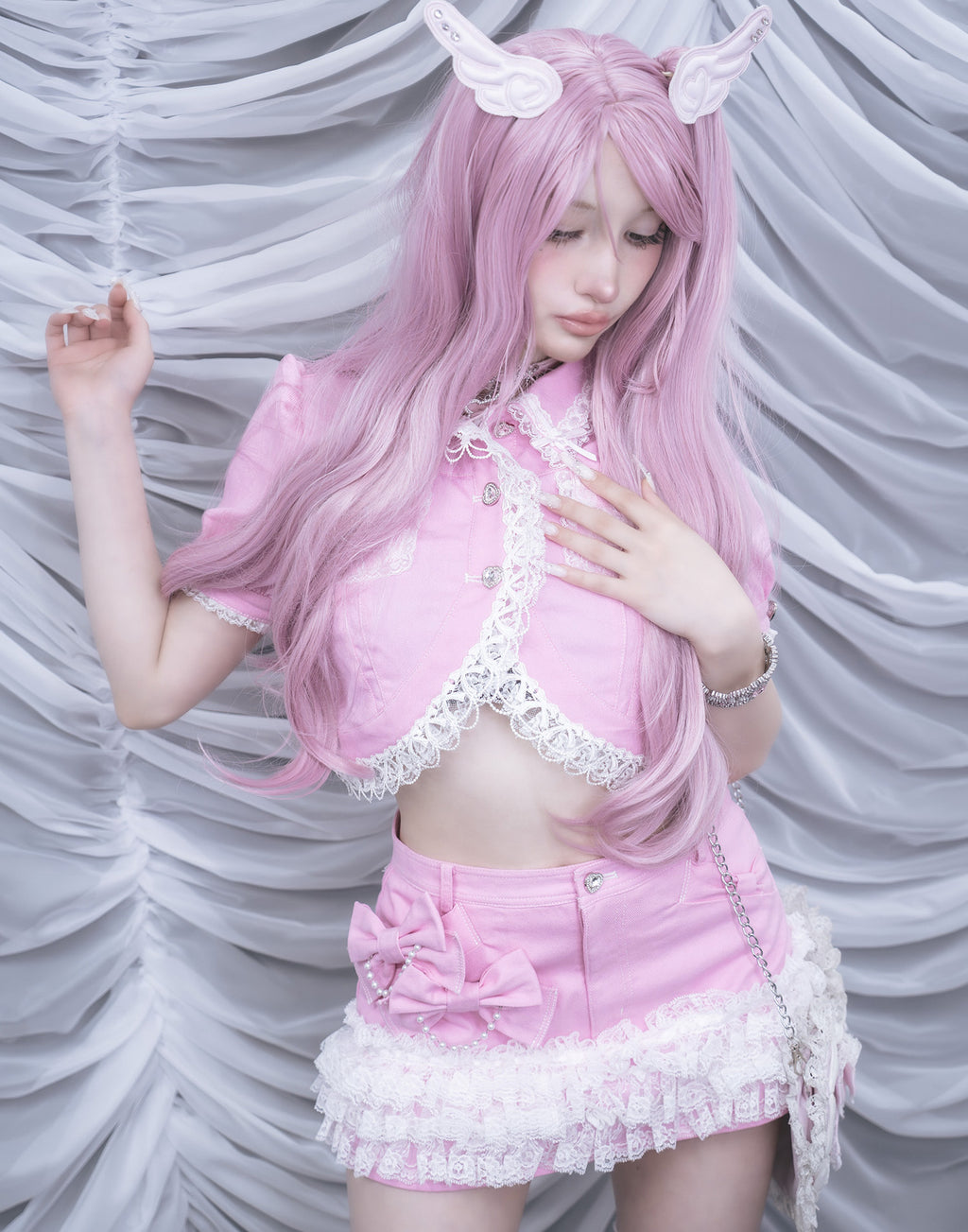 AVENCHUMU Lace frill ribbon denim skirt