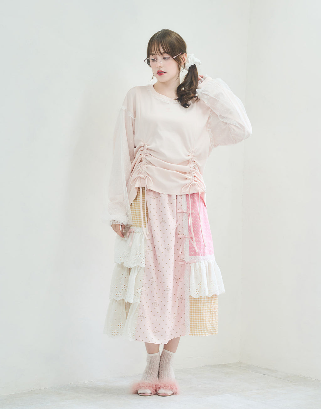 Lolime lacy shirring logo pullover